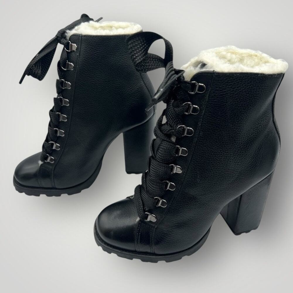 Schutz Womens 8.5 Zhara Leather Boots Black Lace Up Faux Fur Combat Lug 4.25 " - Picture 9 of 10